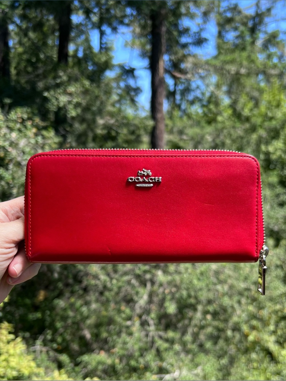 COACH Long Zip-Around Wallet Smooth Calf Leather RED with Silver Hardware